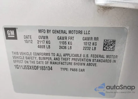 2013 Chevrolet Malibu 2Lz z USA, uszkodzony, nr VIN 1G11J5SX6DF183134